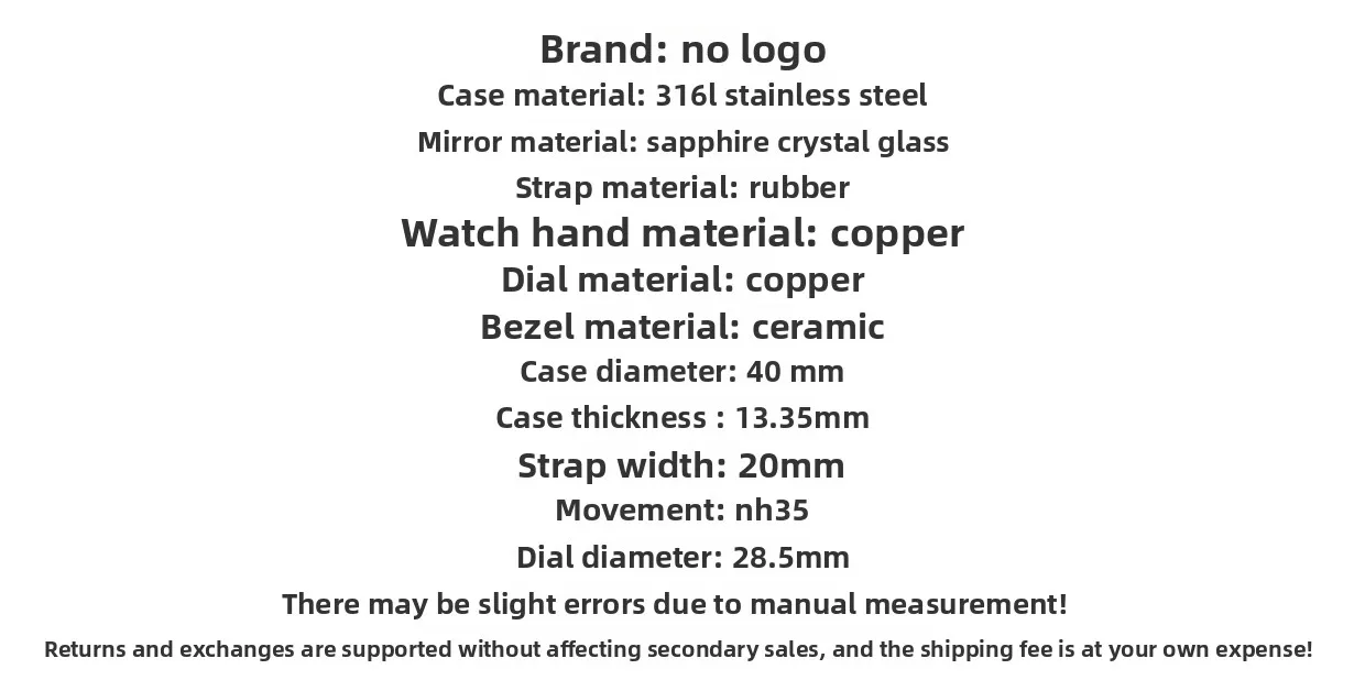 Reloj con movimiento NH35, modelo cincuenta y cinco modificado, correa de goma resistente al agua, acero inoxidable 316L, bisel luminoso C3, sin logotipo