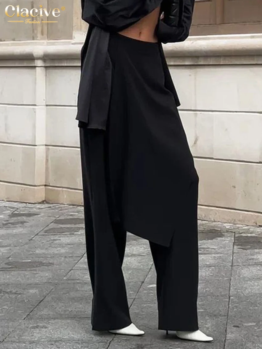 Clacive Fashion Slim Black Women's Pants 2025 Elegant Mid Waist Wide Pants Vintage Chic Full Length Trousers Female Clothing