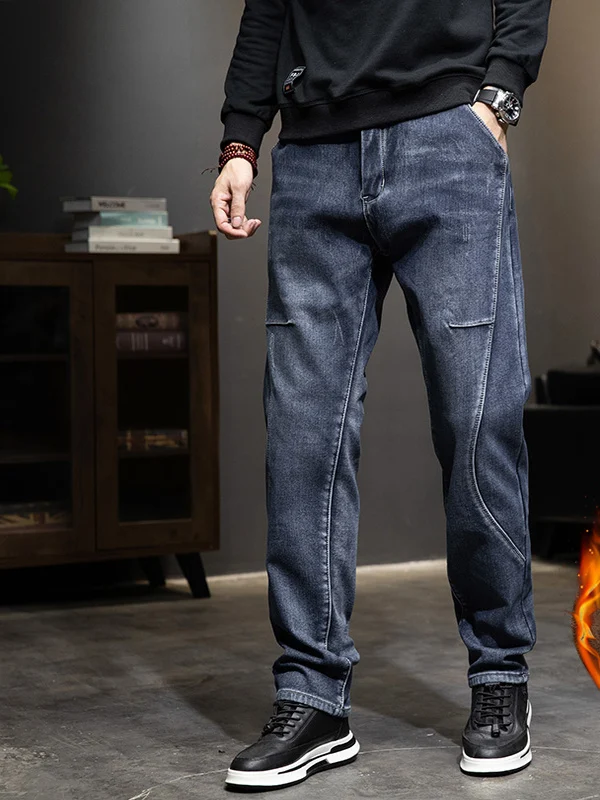 

Thiened Fce Lined Straight Leg Men's Jeans Winter Casual Pants Loose Fit Warm mid Waist Zipper Closure Youth Faion