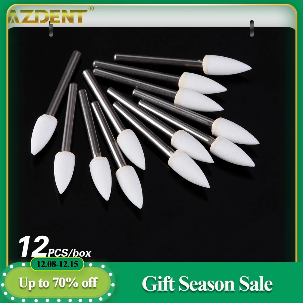 12pcs/Pack AZDENT Dental Polisher White Stone Flame Cone Round Shape Polishing Tool Metal Resin Porcelain Dentistry Instrument