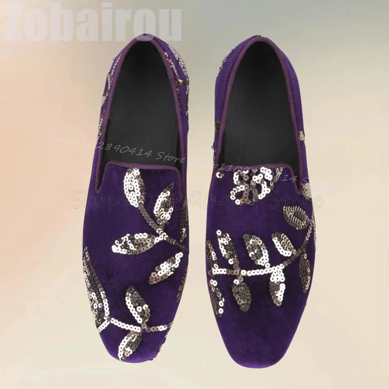 

Floral Sequins Design Purple Corduroy Loafers Fashion Slip On Men Shoes Luxurious Handmade Party Banquet Dating Men Casual Shoes