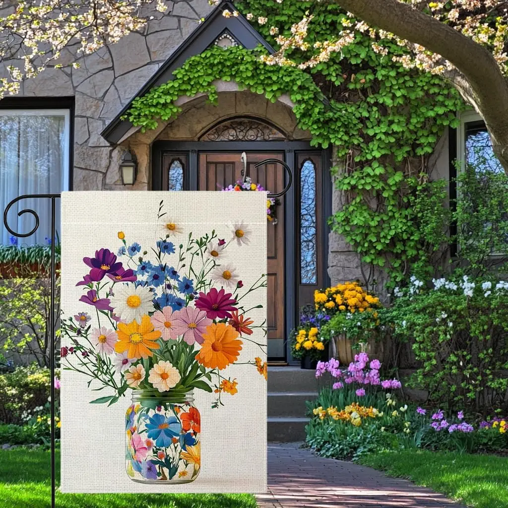 Spring Colorful Floral Mason Jar Garden Flag 12x18 Inch Double Sided Welcome Summer Daisy Flower Yard Outdoor Flag House Hol LLE