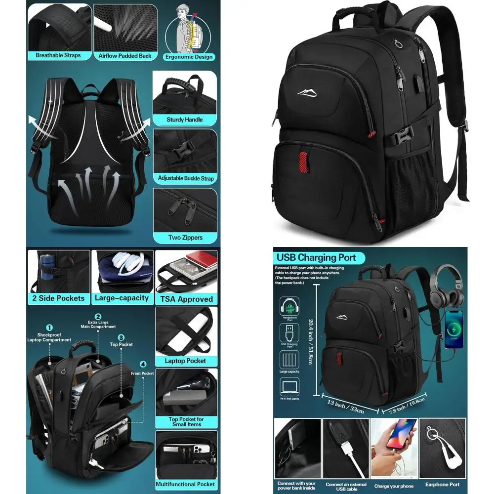 Mochila grande antirrobo para portátil para 17 portátiles, carga USB, aprobada por TSA, ideal para la universidad y el trabajo (negro)