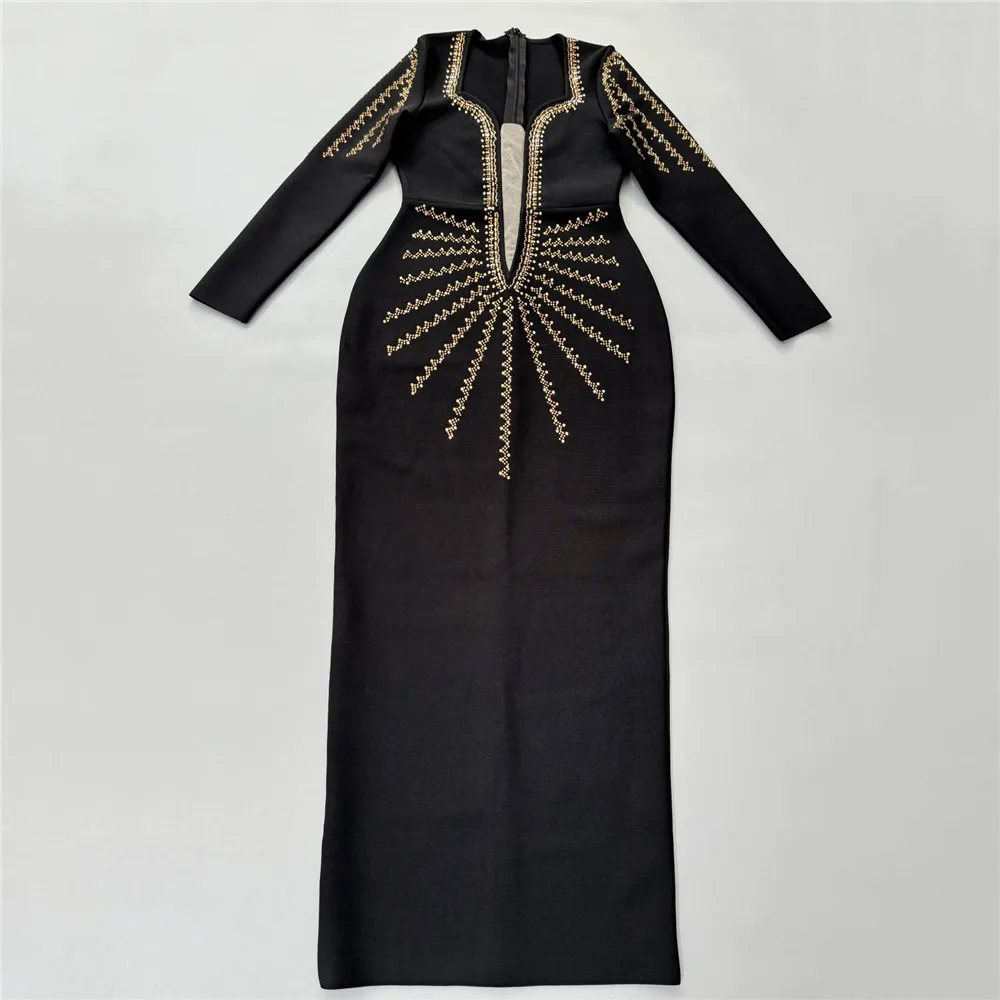 Women Elegant Beading Bandage Dress Sexy Mesh Patchwork Clothes Club Celebrity Party Long Dress