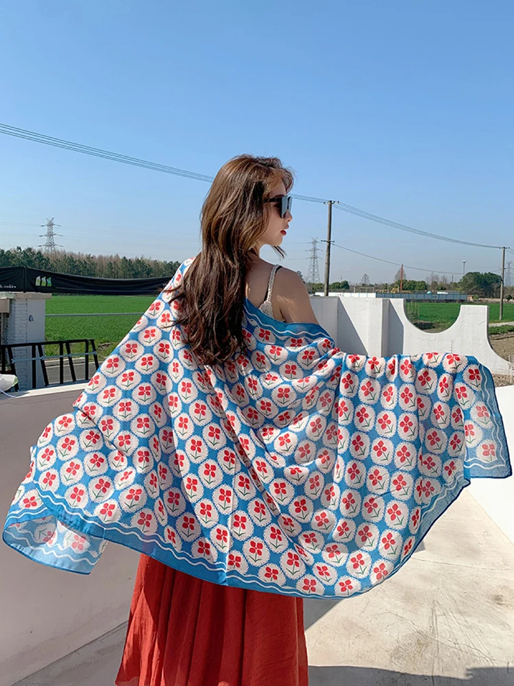 Summer Elegant Women Silk Scarf Sarong Beach Wrap Shawl Vintage Floral Print Sunscreen Bandana Hijab Mujer Bohemian Scarve Pareo