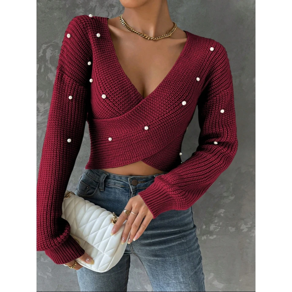 

Versatile Long Sve Knit Top One oulder Embellied Slim Fit Commute Sle Acrylic Blend Medium Weight Single Piece