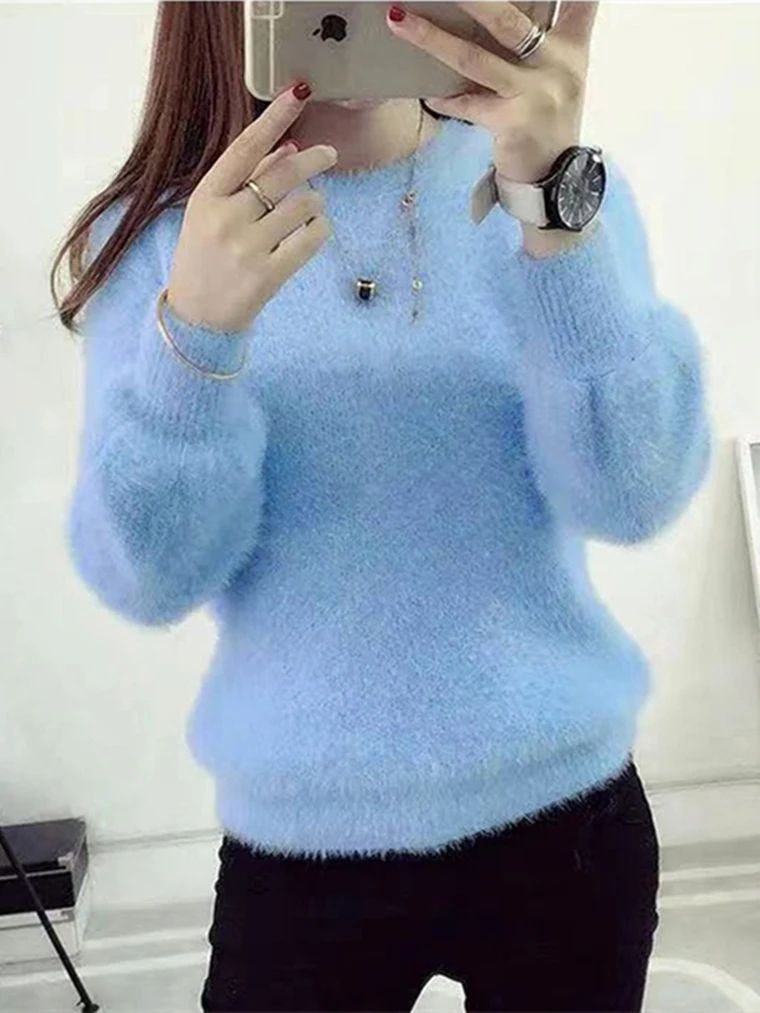 Winter Imitate Mink Wool Hot Flecing Long Puff Sleeve Female O-neck  Elastic Casual Sweater Women Knitted Tops Pullovers Solid