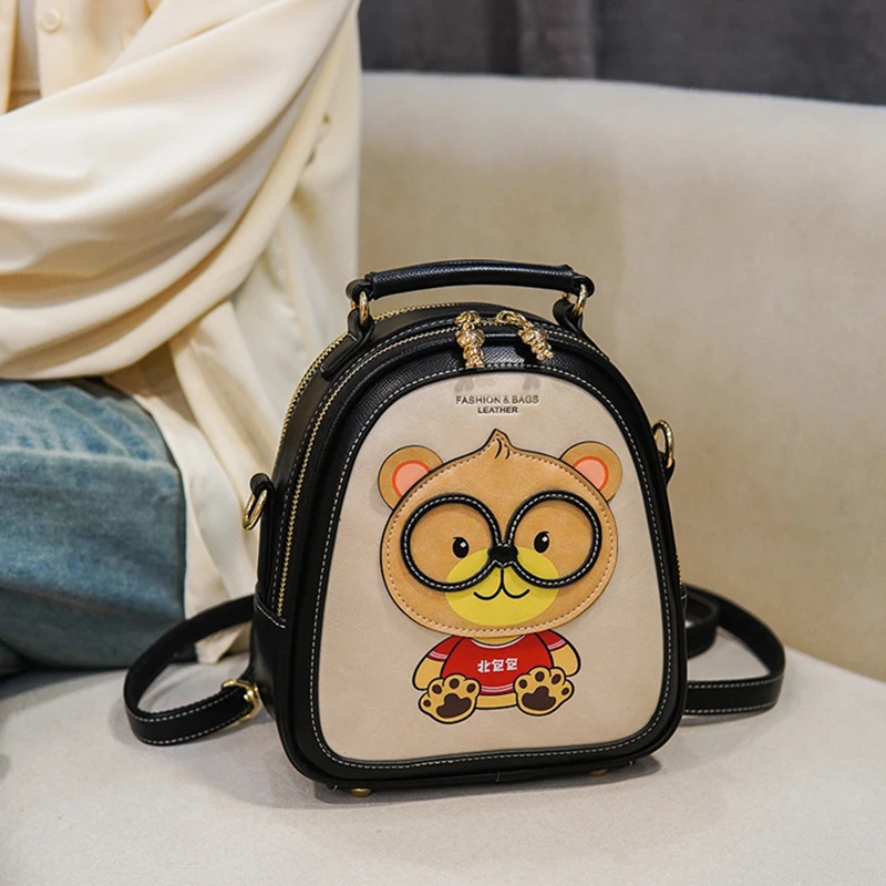 BellaViso Fashion Small Women's Backpacks Delicate Girl's Canvas PU Cute Cartoon Small Bear Travel Outdoor City Bags BLBP-66