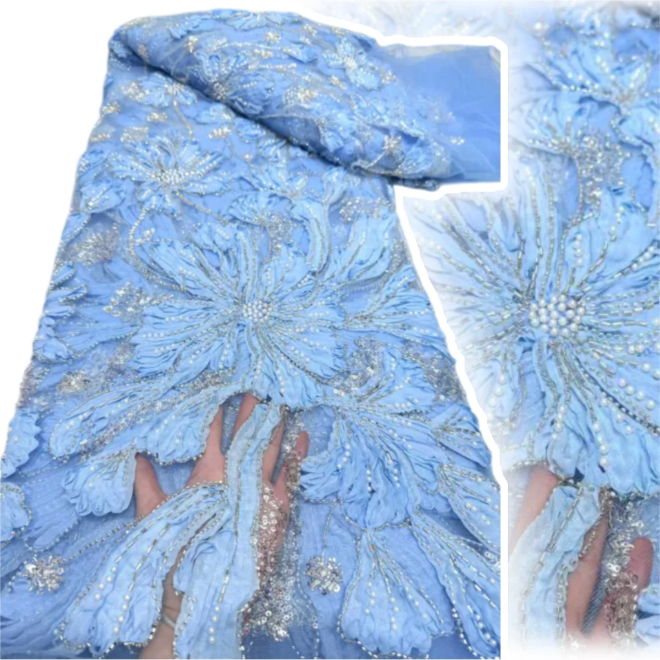 

African 3D Flower Beads Lace Fabric 2025 High Quality French Nigerian Sequins Embroidery Tulle Fabric for Party Sewing TP1725