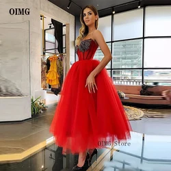 Red A Line Tulle Prom Dresses Shiny Beads Sweetheart Spaghetti Straps Ankle Length Evening Party Gowns Graduation Dress