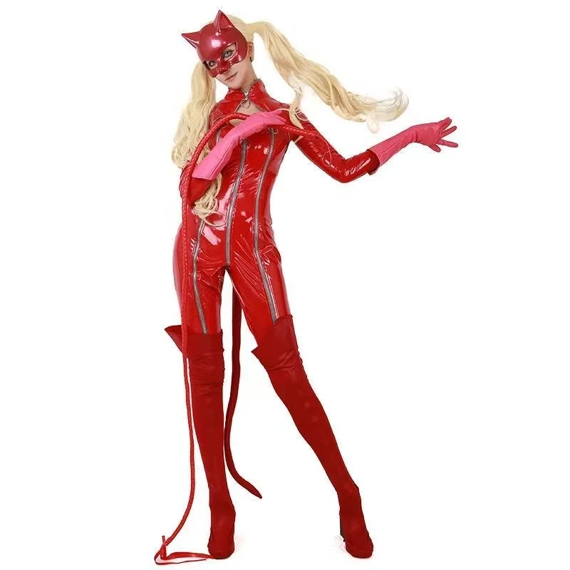

Anime Cosplay Costume Takamaki Anne Red Catgirl Style PU Leather Red Patent Leather