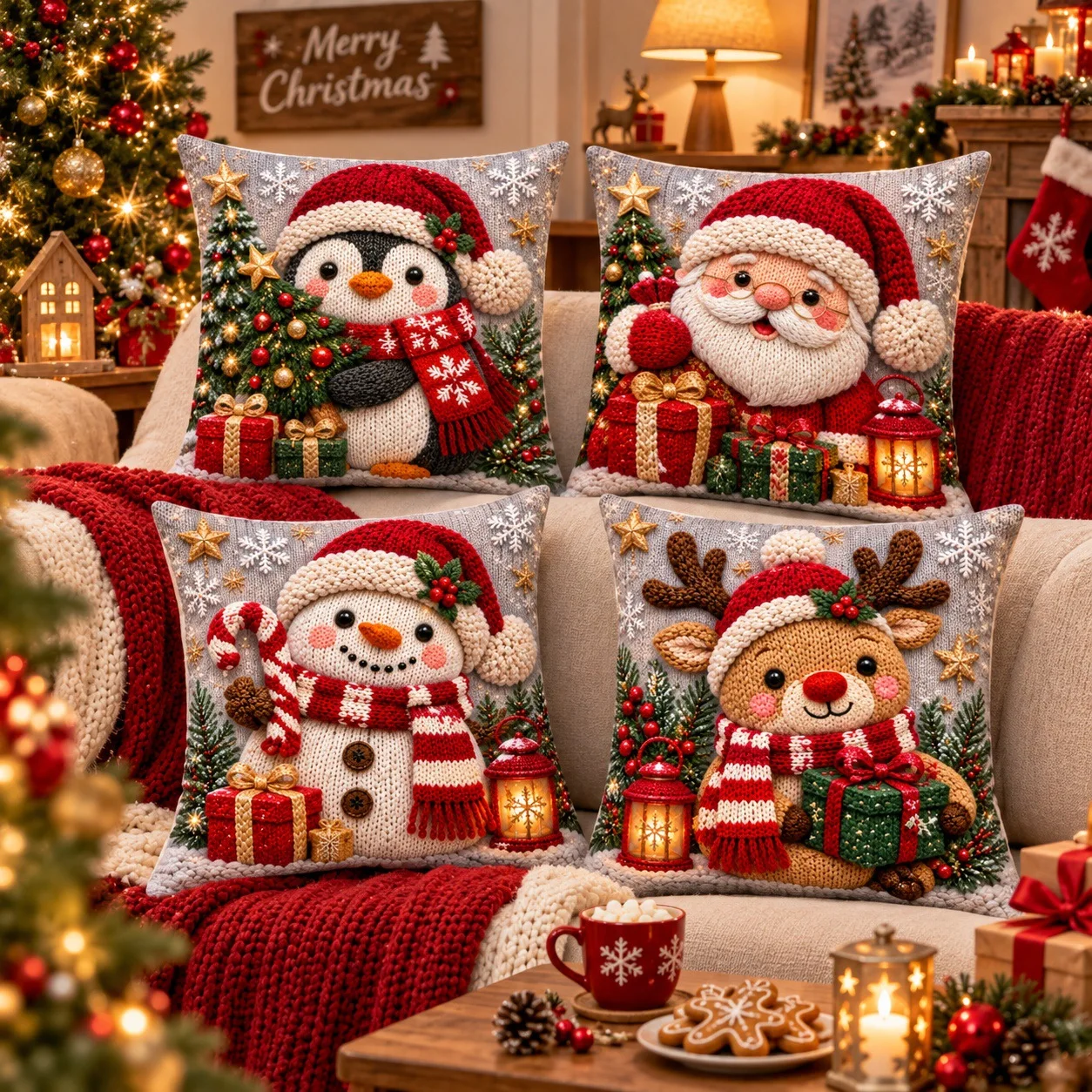 2D Flat Printing Imitation Knit Christmas Throw Pillow Covers Santa Penguin Snowman Reindeer Cushion Cases Xmas Sofa Decor
