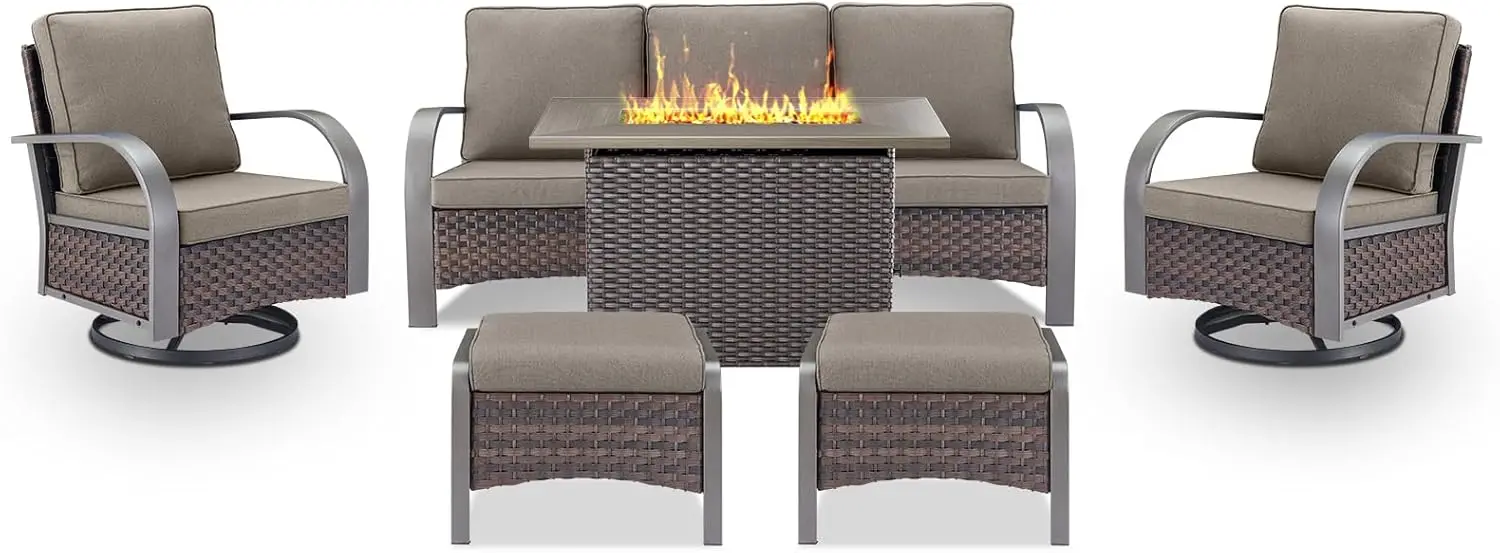 

Patio Furniture Set With Fire Pit Table - 50000 Btu Propane Fire Pit, 6 Piece Outdoor Conversation Furniture Sets With 2 Swivel
