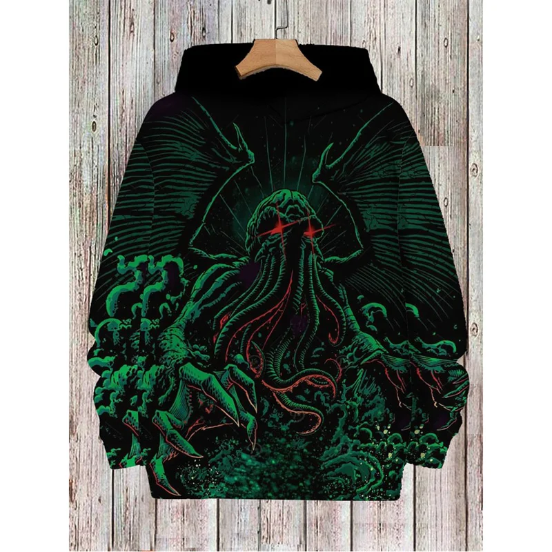 

3D Printed Retro Art Hoodies For Men Cthulhu Pattern Sweatshirts Spring Autumn Casual Loose Hooded Long Sleeves Street Pullovers