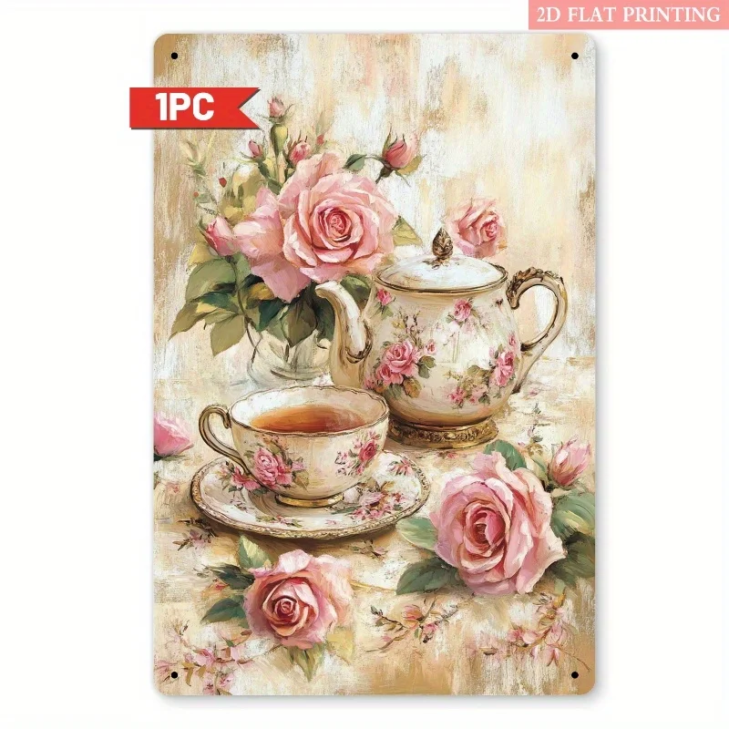 2026 Vintage Roses Teacup Iron Metal Tin Sign 8x12inch Elegant Wall Decor Plaque for Coffee Corner Office