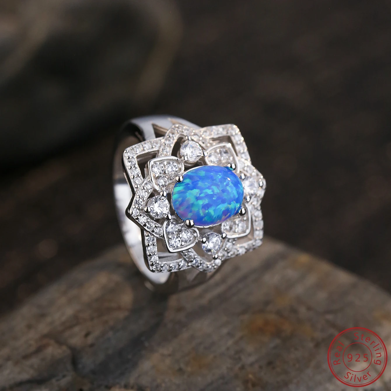 2023 Europe and America 925 Sterling Silver Ring Flower pattern Blue opal Stone With For Women Valentine\'s Day Romantic Gift