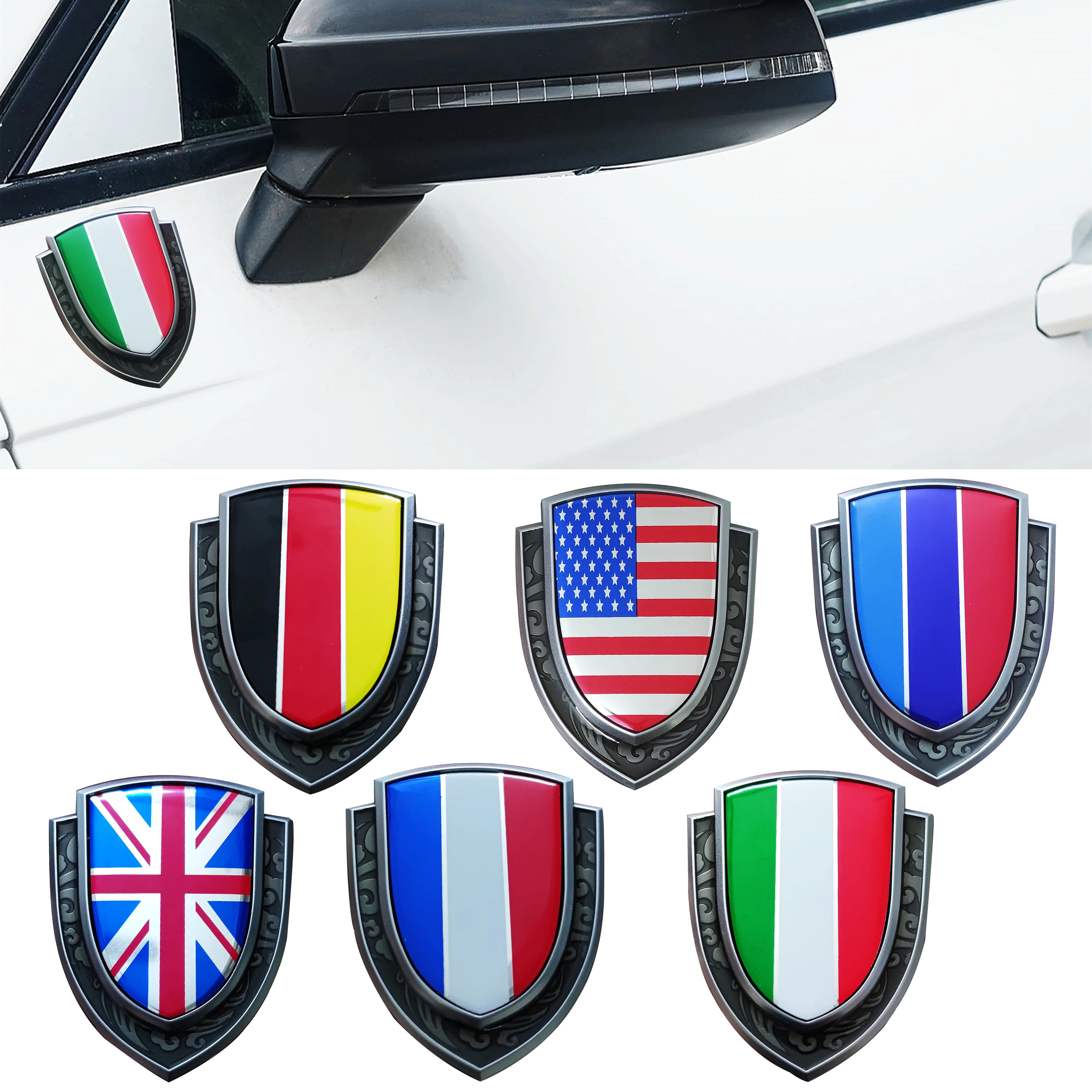 

3D металлические автомобильные эмблемы, американские итальянские, немецкие, французские, британские логотипы, флаг, наклейки, аксессуары для модификации автомобиля, мотоцикла