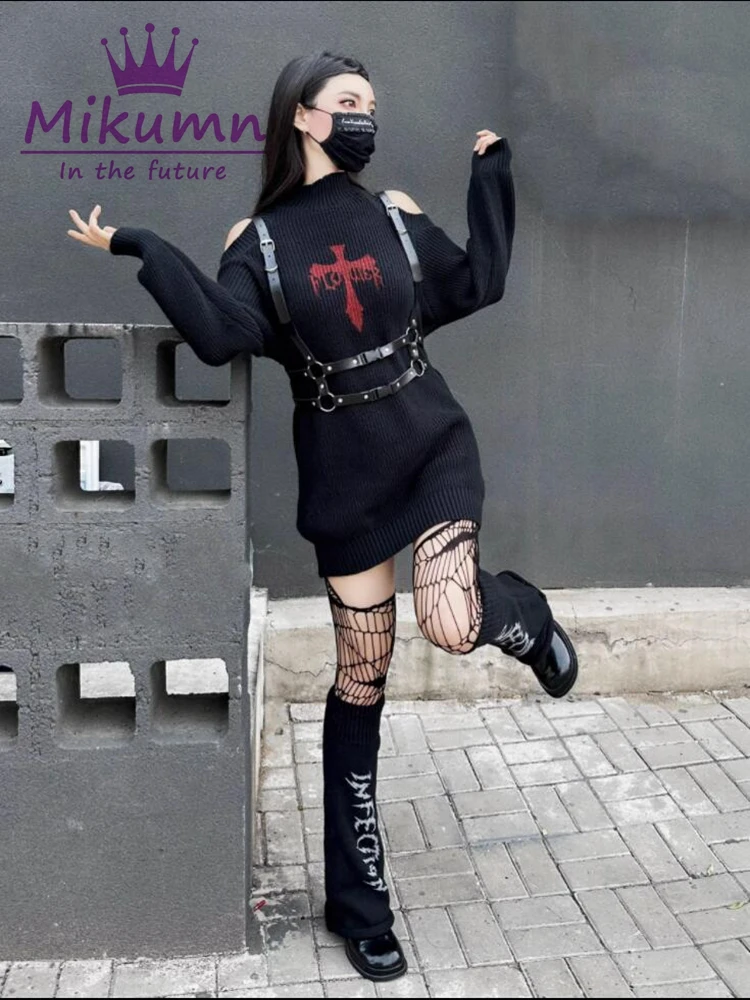 Mikumn Harajuku Gothic Sweater Women Off Shoulder Cross Print Grunge Pullover Y2k Punk Rock Sexy Long Sleeve Black Knitwear