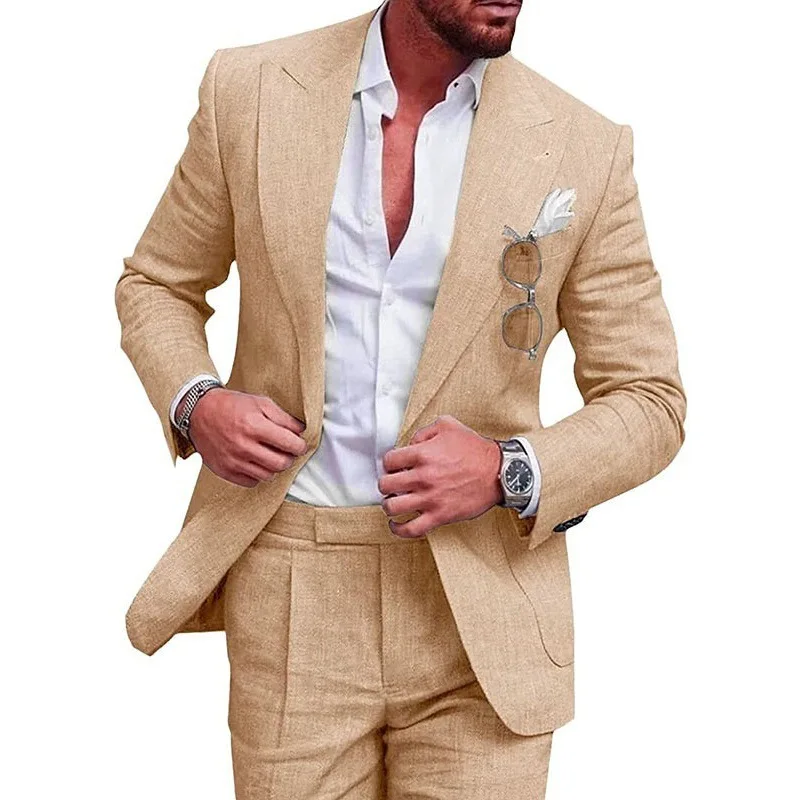 High Quality Linen Suits for Men 2 Piece One Button Male Suit Slim Fit Fashion Casual Wedding Party Solid Smart Casual Suits Man