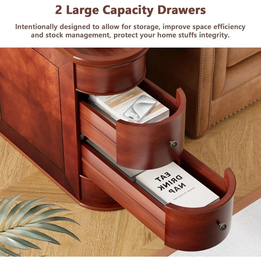 Stolik pomocniczy z litego drewna z 2 szufladami, gotowy do użytku, bez konieczności montażu, z wykończeniem w stylu vintage, drewniany stolik boczny do sofy do salonu.