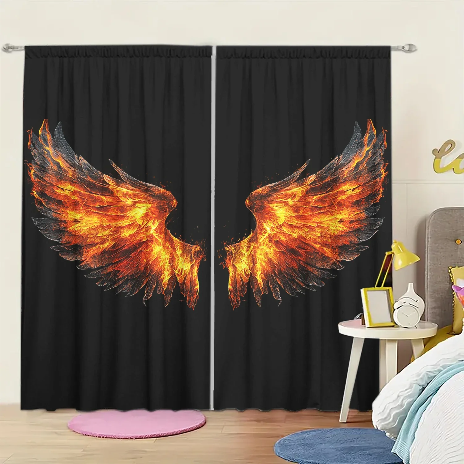 2pcs Dazzling Flamelike Wings Printed Curtain for Home Decor - Rod Pocket Window Treatment for Bedroom, Office, Kitchen