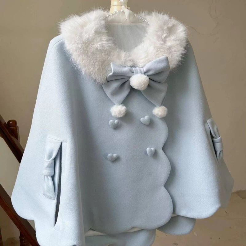 

Японский сладкий кавайный плащ в стиле Лолиты, женское пальто с заячьими ушками, мягкая милая куртка с бантом для девочек, двубортный милый наряд в стиле Харадзюку