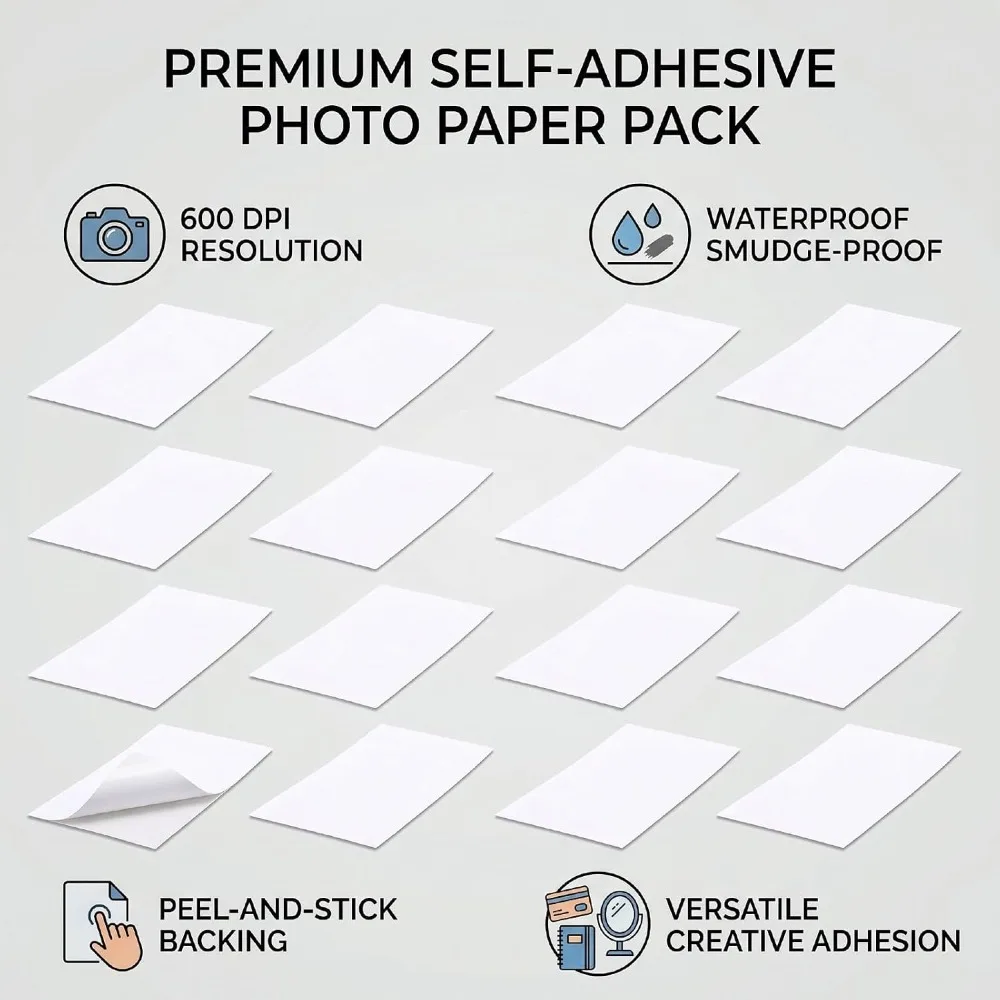 20pcs 2x3.5 Inch Self Adhesive Photo Paper Back Adhesive Tear Proof Sticky Back Paper Smudgeproof Photo Printer Paper Office Use