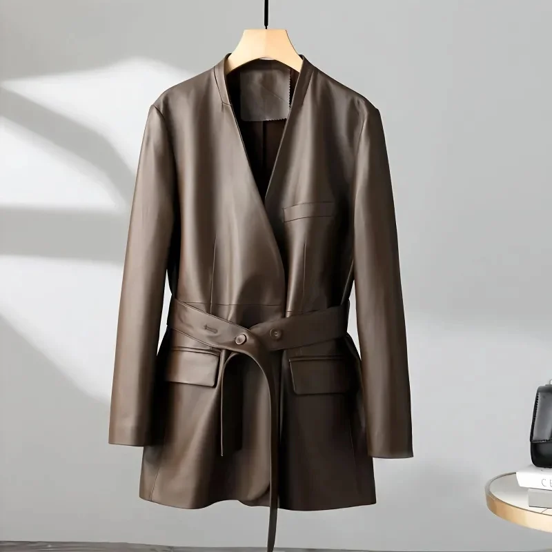 

Autumn Black Soft Light Faux Leather Jackets for Women 2022 Deep V-Neck Belt Elegant Luxury Korean Fashion