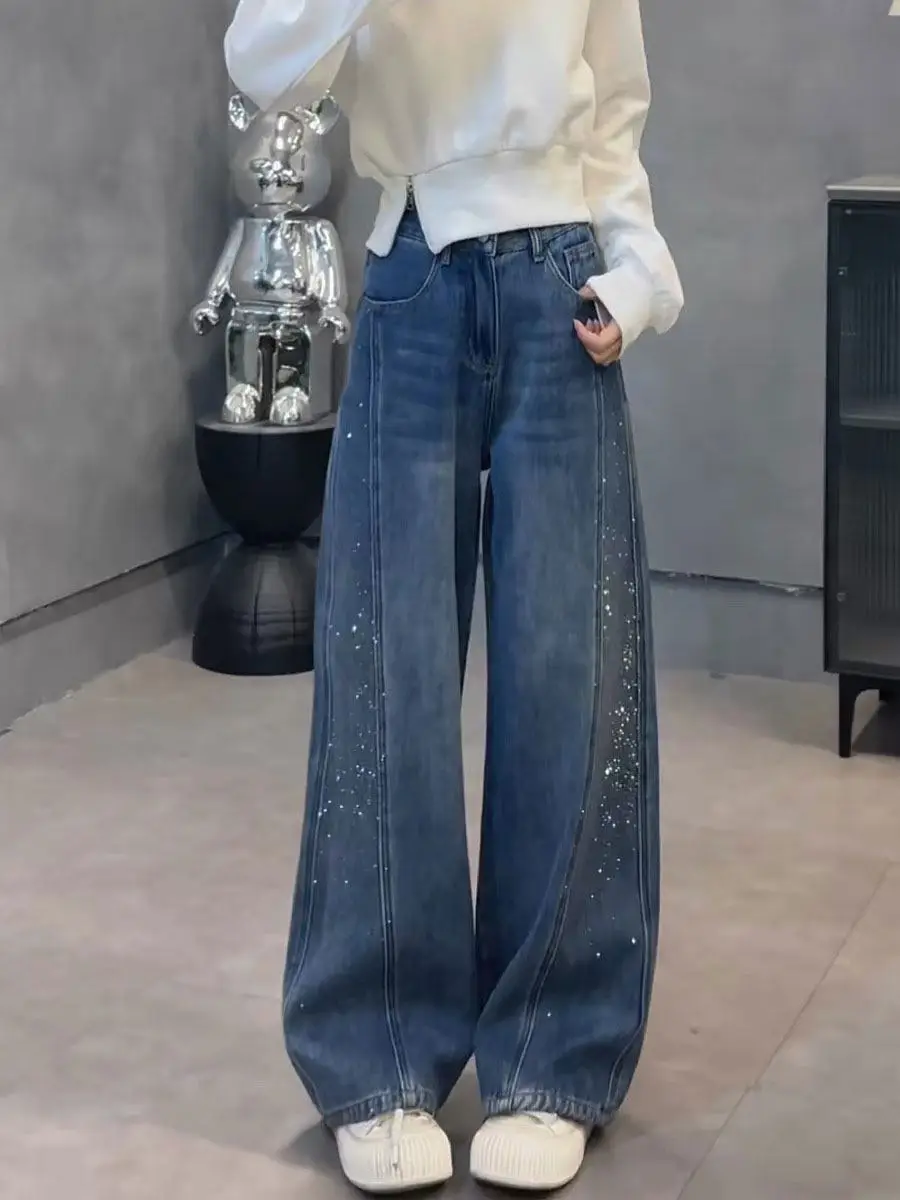 High Waist Wide Leg Jeans Women's Loose Fit Casual Style Rhinestone Embellished Knife Denim Spring Season Slimming Effect