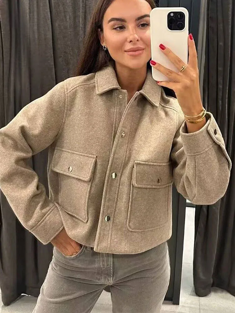 

HH 2024, весенняя женская модная шерстяная куртка, шикарная женская однобортная короткая уличная куртка с лацканами и карманами