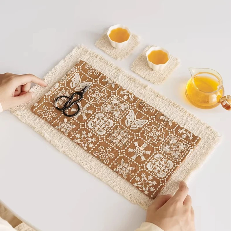 Embroidered tea mat, new Chinese Zen style absorbent tea mat, antique style double layer place mat