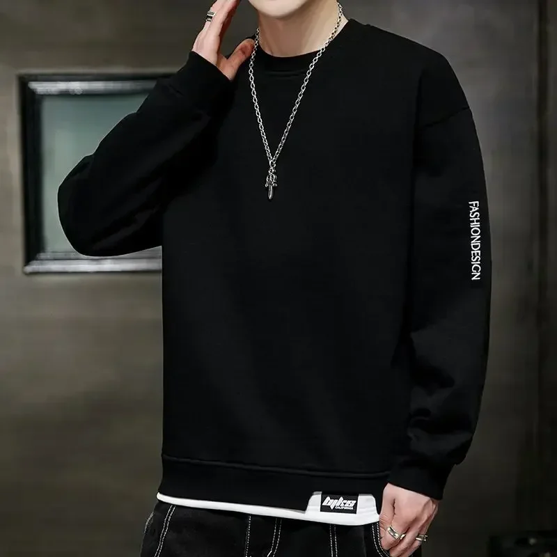 Men's Clothing Spliced Sweatshirts For Man Embroidered Pullover Hoodieless T-shirt Top Black One Piece Korean Style Offers Warm