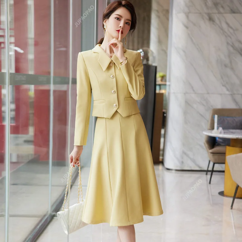 

Office Lady Skirt Suits French Style Two Piece Set Women Long Sleeve Single Breasted Short Blazer + A Line Skirt 2 Piece Outfits