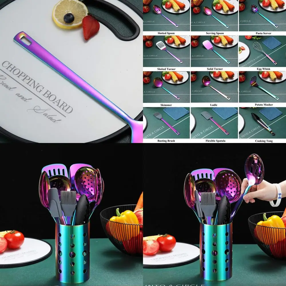 

Набор кухонных принадлежностей из нержавеющей стали с радужным покрытием, 13 предметов, с держателем, безопасный для использования с антипригарным покрытием и посудомоечной машиной