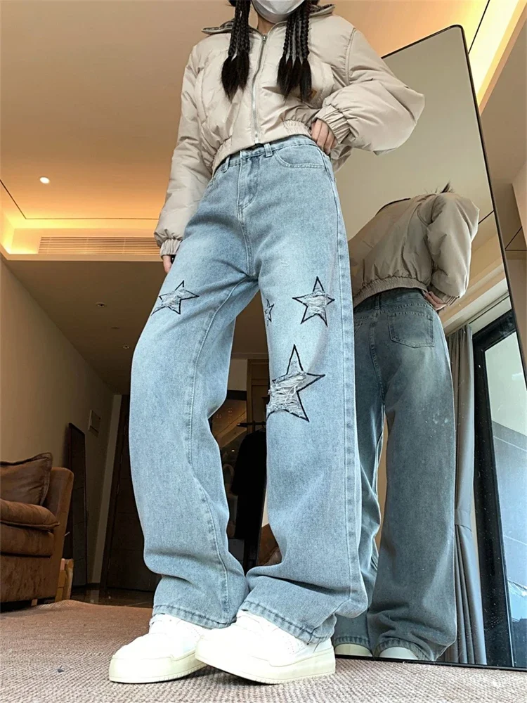 Women's Star Pattern Holes Blue Jeans Cool Girl Streetwear High Waisted Straight Vintage 90s Trouser Female Casual Denim Pants