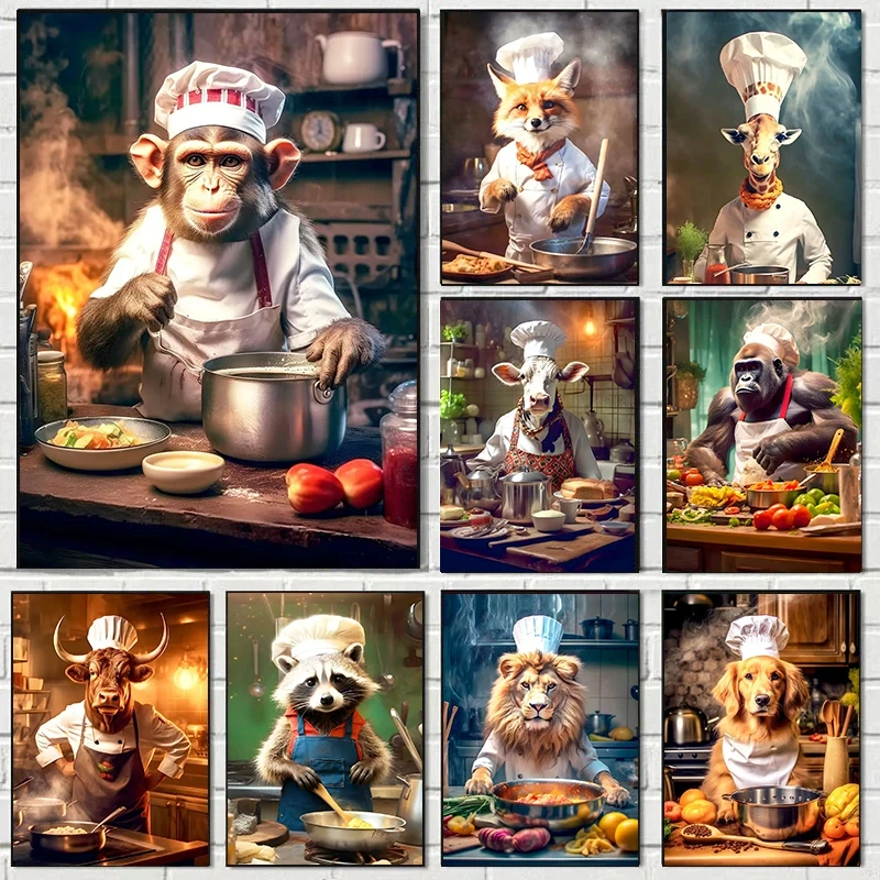 

Modern Animal Chef Posters Print Funny Gorilla Lion Cat Dog Raccoon Canvas Painting Restaurant Kitchen Wall Art Pictures Decor