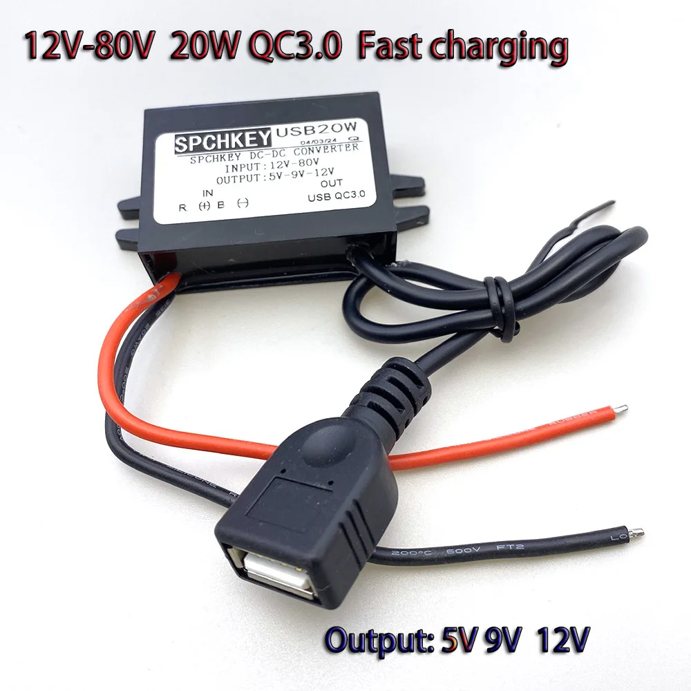 Power Converter Buck Module 80V60V58V48V 36V24V12V9V to 5V 3A QC3.0 Fast Charging Adapter Car USB Port for Motorcycles,Small Car