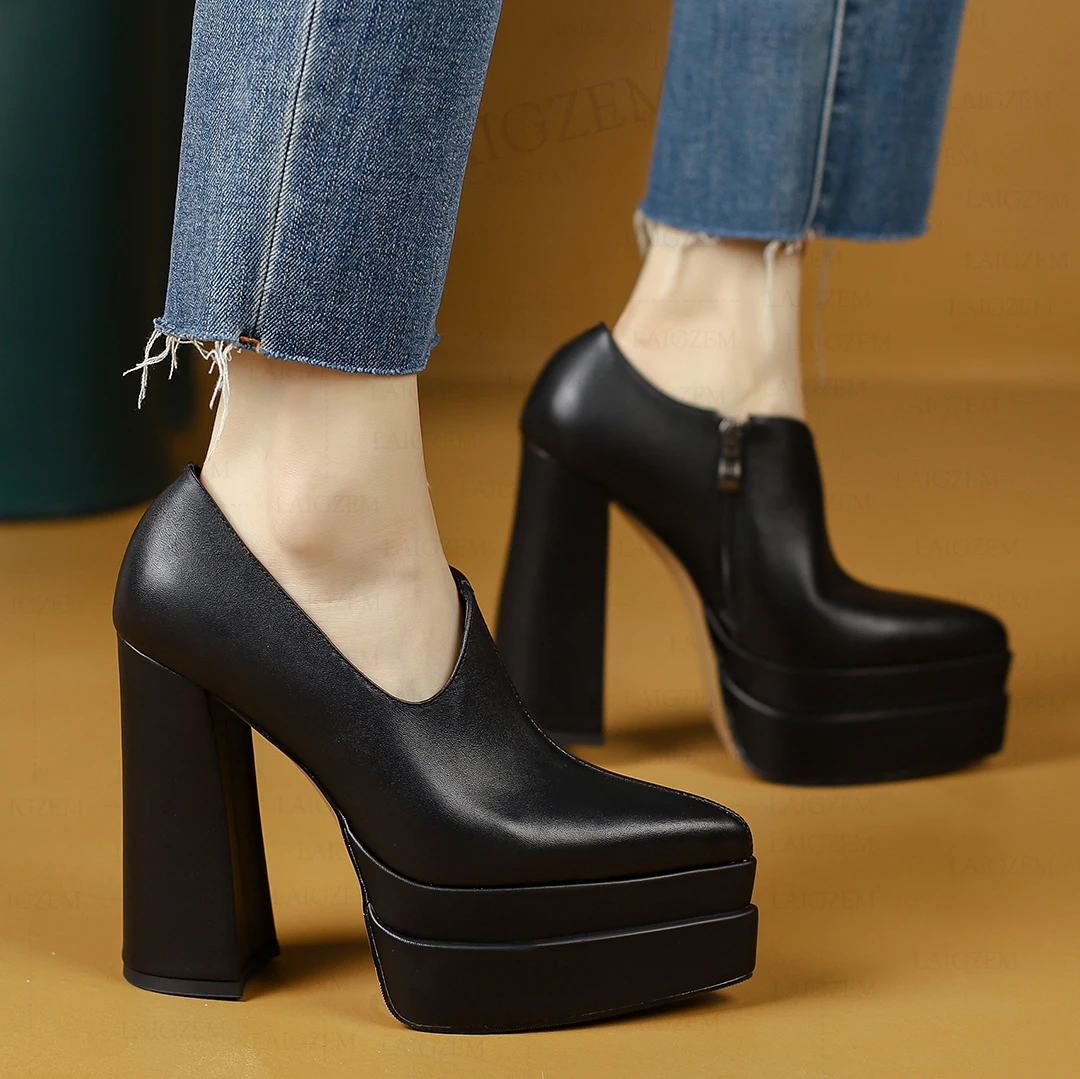 

LAIGZEM Женские ботильоны из натуральной кожи с острым носком и боковой молнией на толстом высоком каблуке Короткие ботильоны Женская обувь Размер 33, 38, 40