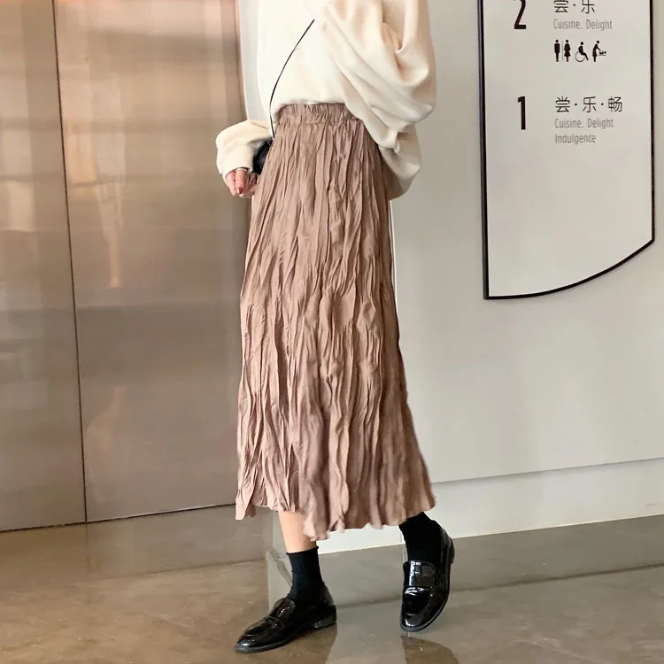 MiiiiX Korean Style Simple Basics A-line Folds Mid-length Skirt Elastic Waist Loose Versatile Skirt 2024 Autumn Women's Clothes