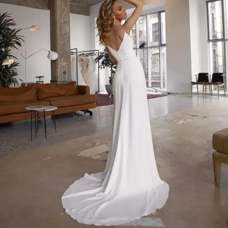 Personalizado 2026 nuevo vestido de novia de mujer con diamantes de imitación 3D de sirena blanca Simple con espalda descubierta y abertura lateral vestido de novia de bola Sexy