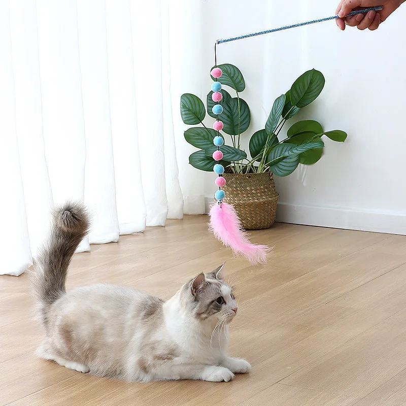 Cat Toy Pompom Cat Toys Interactive Feather Toys for Cats Teasing Durable Cats Toy Playing Stick Plush Ball Pet Supplies Gatos