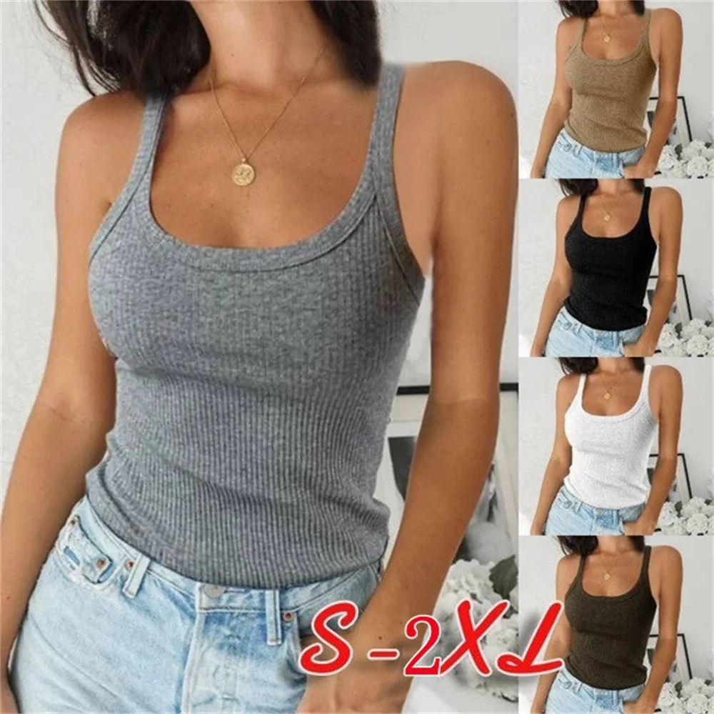 Womens Sexy Plain Shoulder Strappy Summer Crew Neck Vest Tops Ladies Stretchy Elastic Casual Tank T-Shirt Large Size Camisole