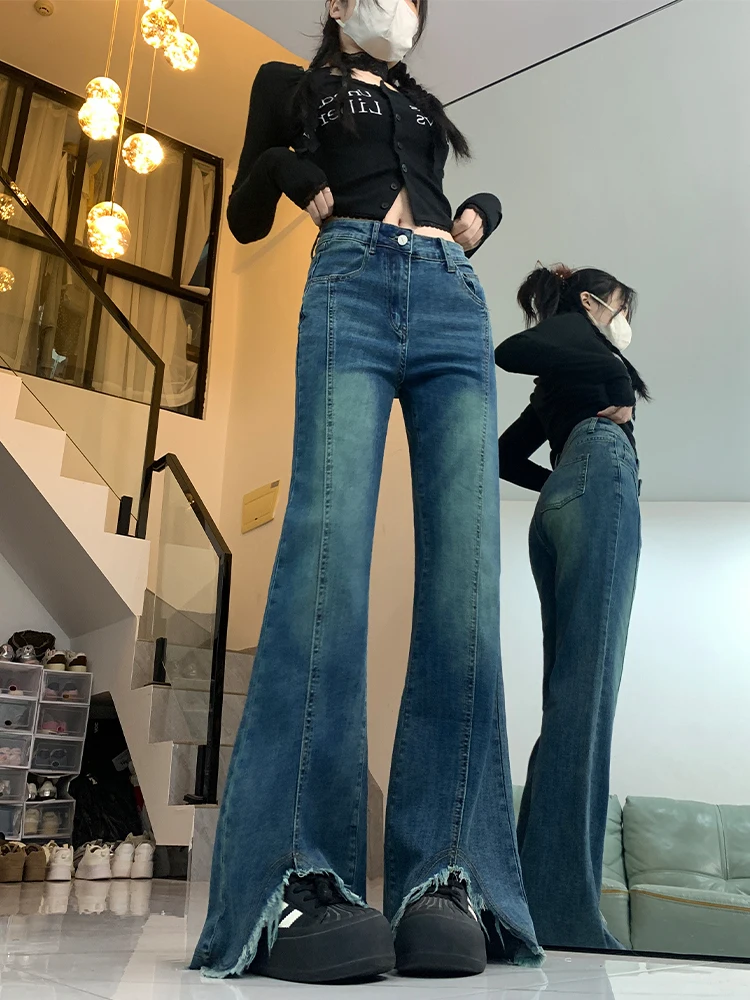 Cintura alta queimado jeans feminino primavera 2025 vintage fenda desgastado até o chão calças emagrecimento tamanho grande casual denim