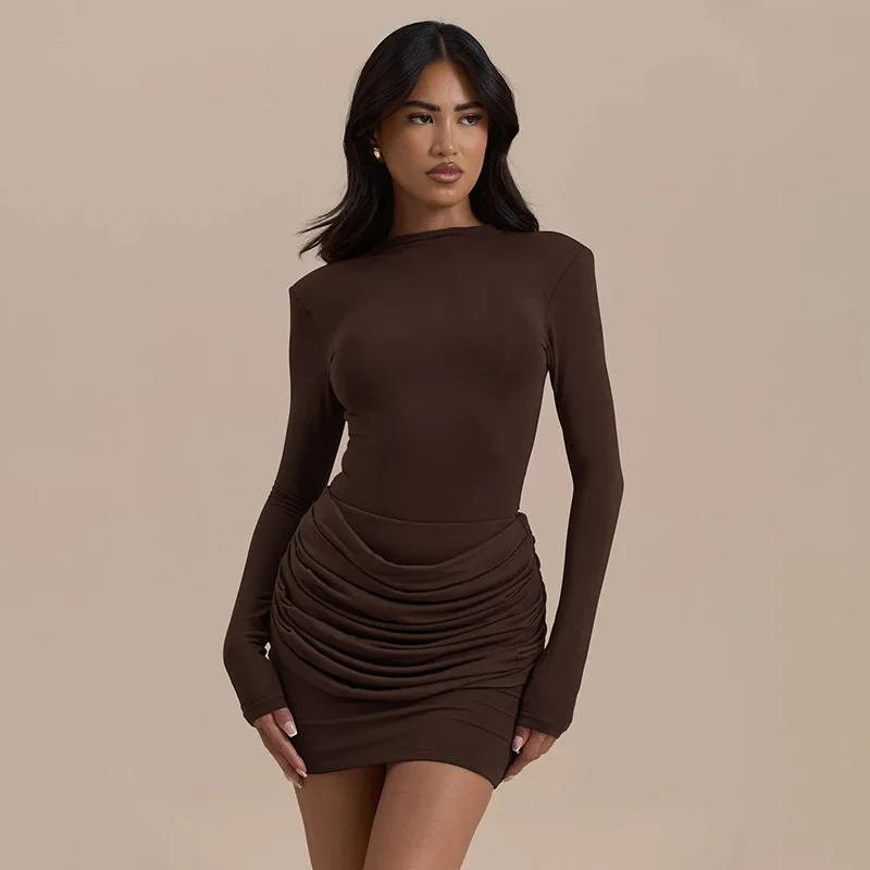 Solid Color Gathered Hip Cover Long Sleeve Dress Women's Spring Summer New Casual Round Neck Dresses For Women Ropa Mujer