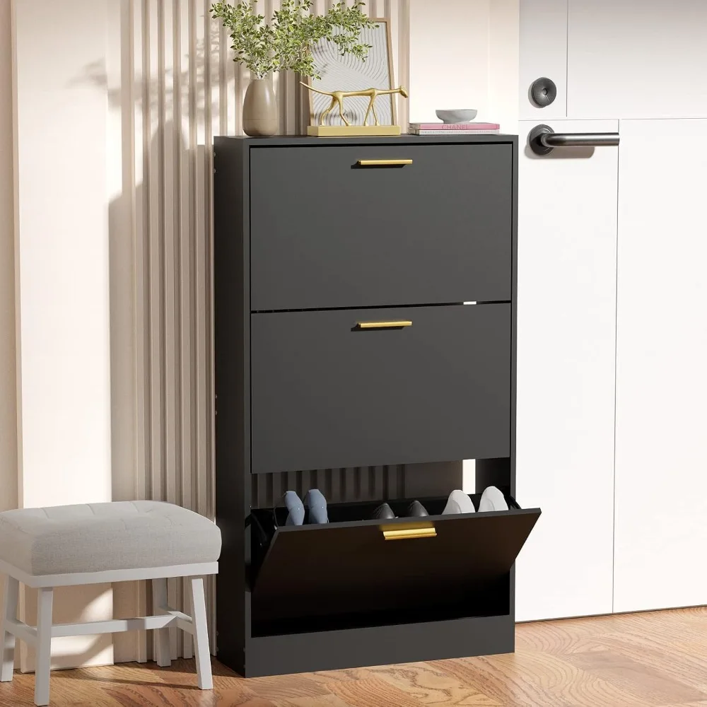 

Shoe Cabinet Storage with 3 Flip Drawers for Entryway, Black Slim Freestanding Modern Narrow Shoe Organizer Rack Cabinet for Hal