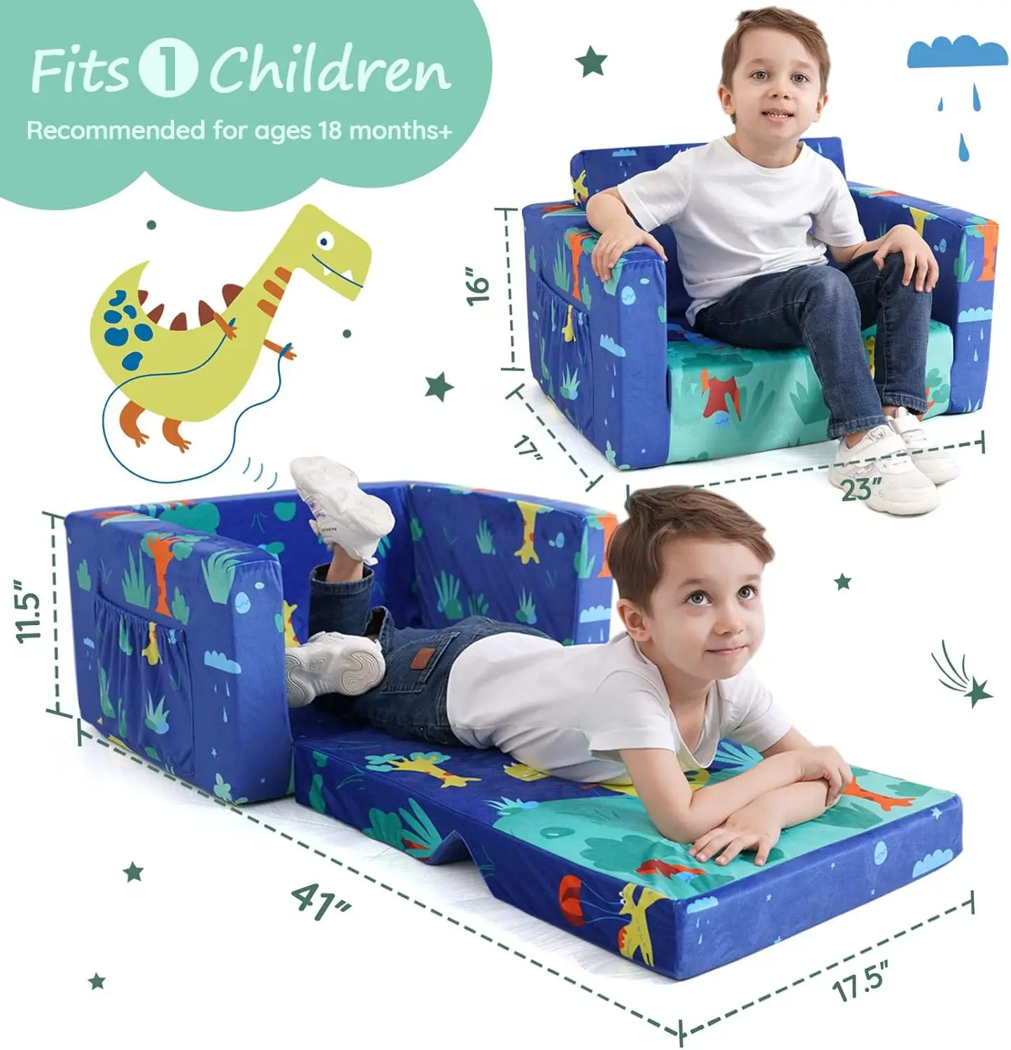 Kids Couch: Toddler Sofa Bed Fold Out for Gilrs Boys Baby Flip Out Convertible Lounge Chair Dinosaur