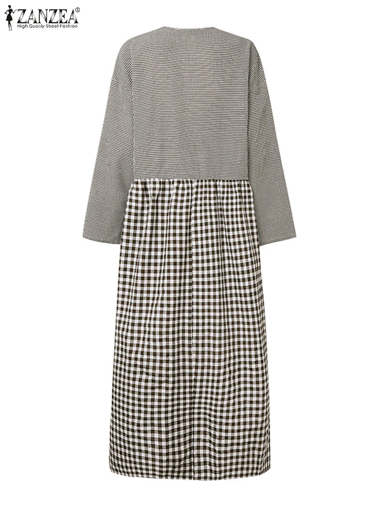 ZANZEA Long Sleeve Gingham Patchwork Maxi Dress V Neck Vintage Holiday 2025 Spring Vestidos Women Check Loose Casual Long Dress
