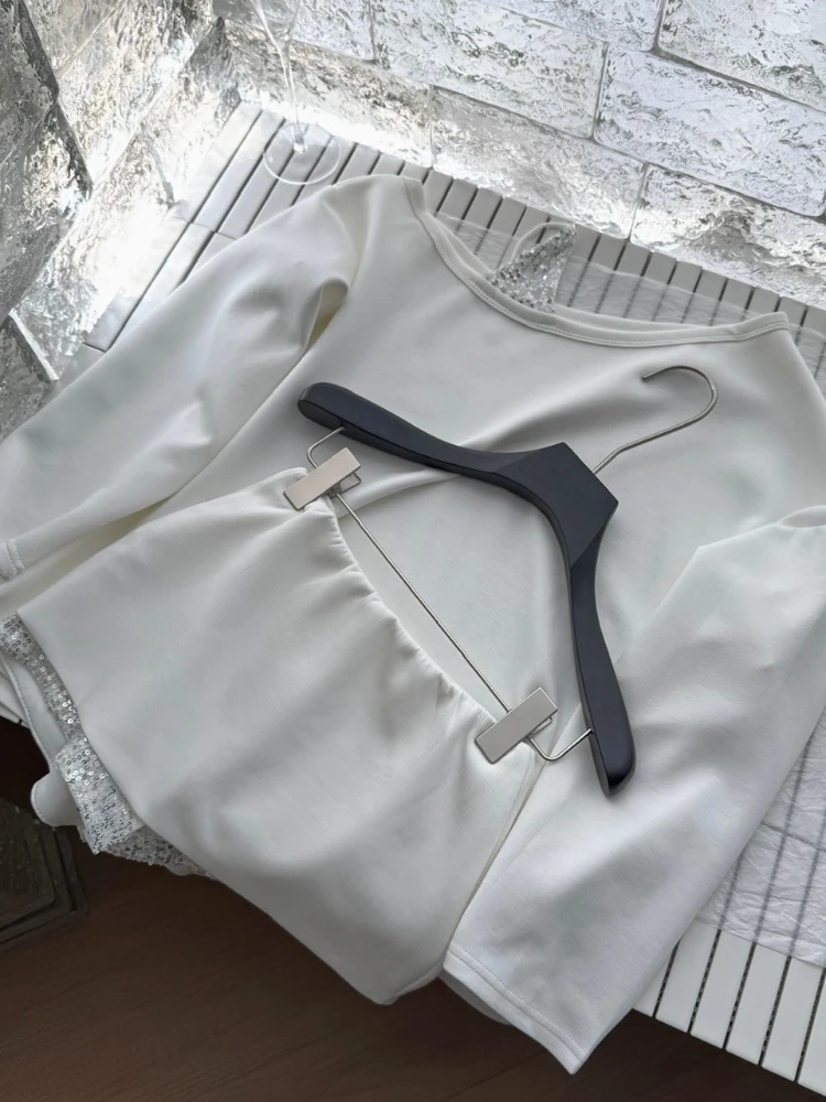 

White irregular sequin spliced diagonal shoulder strap bat sleeve top+low waist wide leg skirt pants fashionable two-piece set