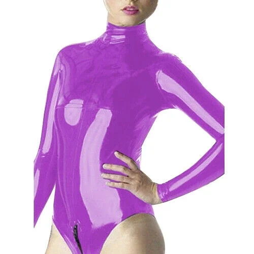 

100% Latex Rubber Catsuit Swimsuit Purple Long Sleeve Cosplay Tights XS-XXL