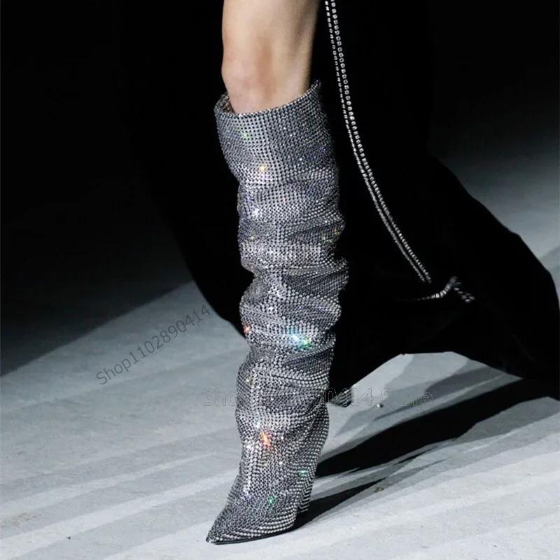 الفضة حجر الراين كعب مخروطي أشار تو الأحذية الانزلاق على أحذية النساء نمط غريب الكعوب موضة المدرج 2025 Zapatos Para Mujere